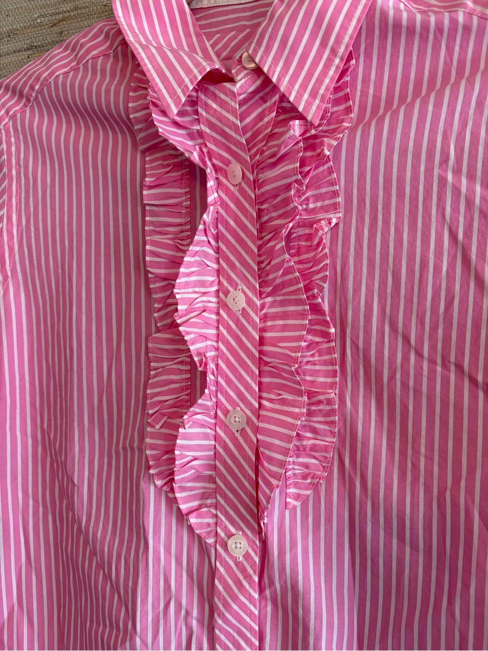 NWT Lilly Pulitzer Pink & White Striped Ruffle-Front Button Down - Picture 2 of 7